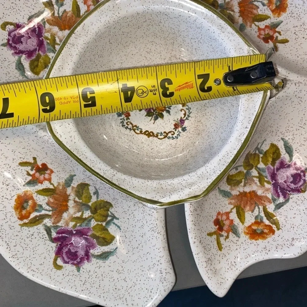 Vintage California pottery needlepoint Floral Lazy Susan appetizer serving dish